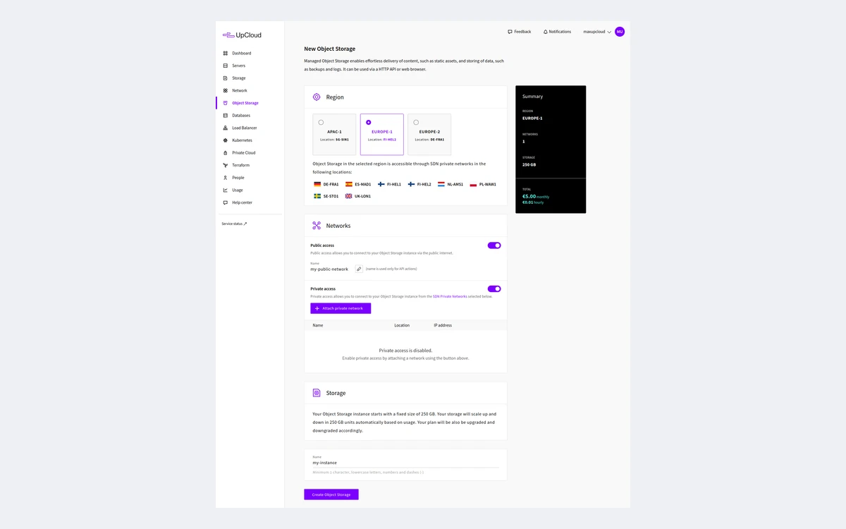 UpCloud control panel New Object Storage form with region choice, network toggles and a summary panel showing 250 GB for €5.00 monthly