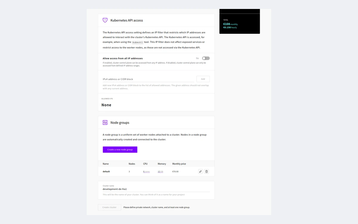 UpCloud control panel Kubernetes cluster creation form with an API access IP filter, a default node group of 3 nodes and a cluster name field