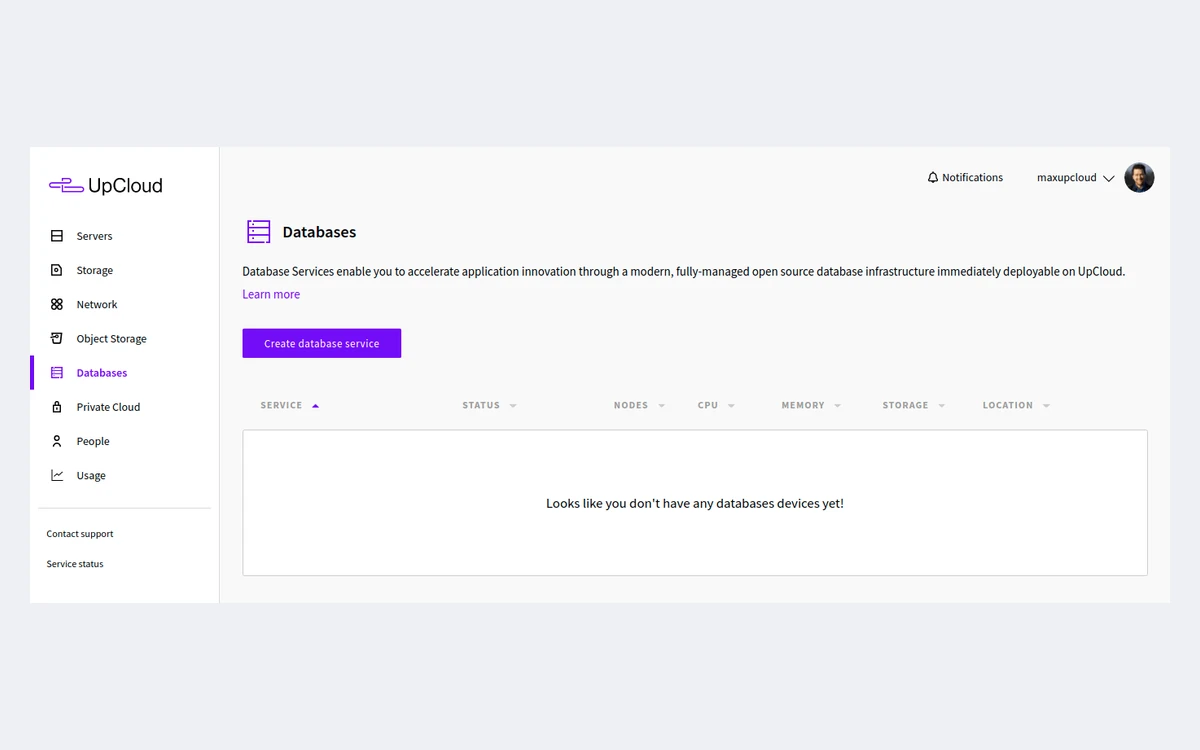 UpCloud control panel Databases page with an empty service list and a Create database service button