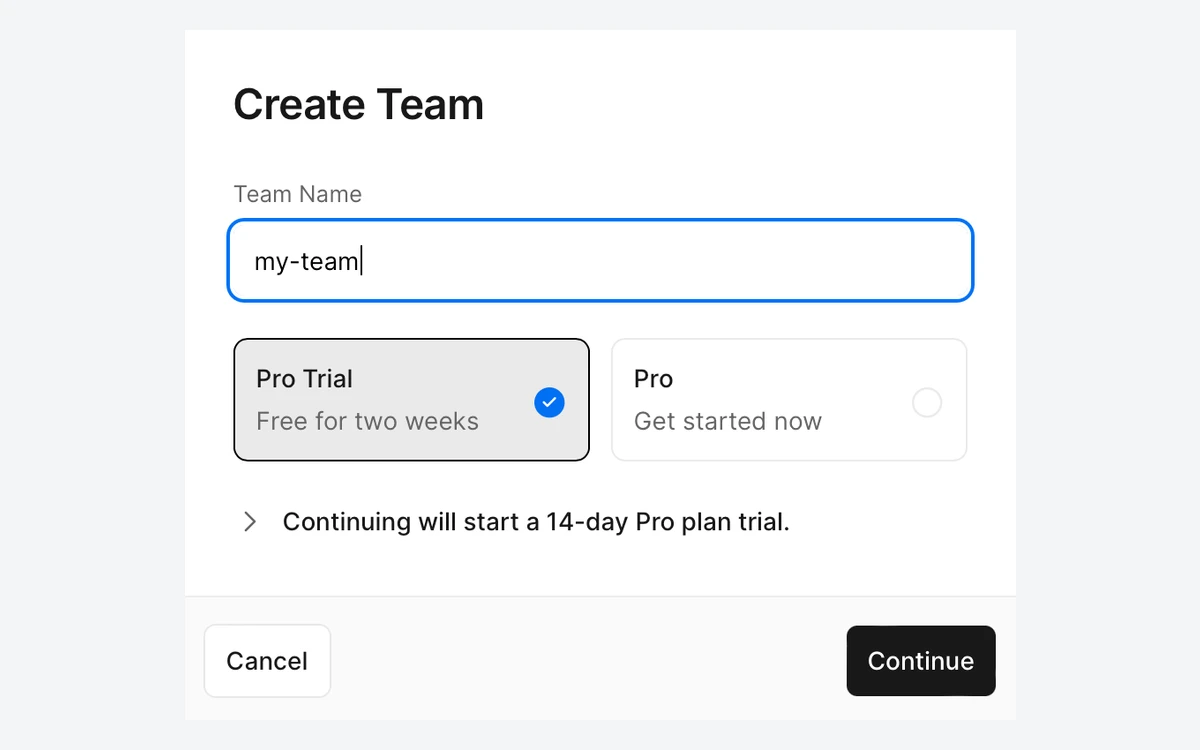 Vercel Create Team dialog with the Pro Trial - Free for two weeks option selected and a note that continuing starts a 14-day Pro plan trial