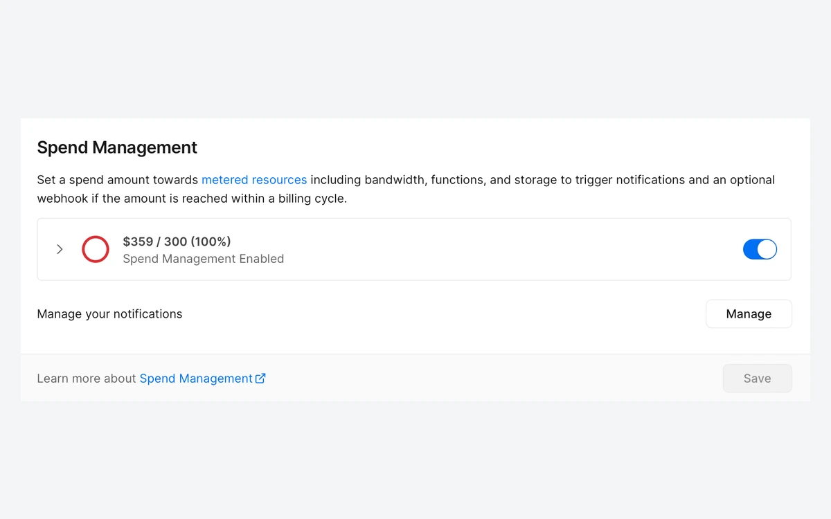 Vercel Spend Management settings panel showing spend of $359 against a $300 amount at 100 percent with Spend Management enabled