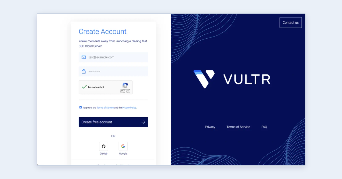 Vultr Create Account form with email, password, reCAPTCHA and GitHub or Google sign-up options