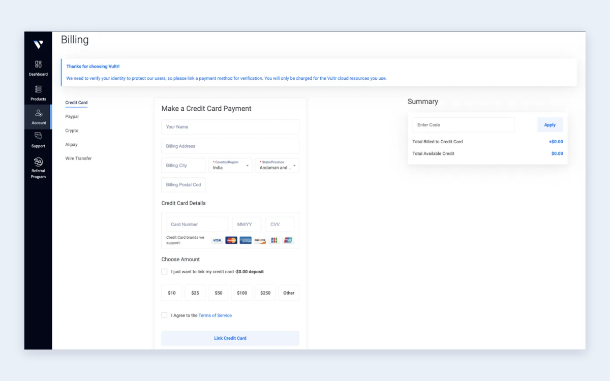 Vultr sign-up billing page with identity verification notice, credit card form, $0.00 deposit link-card option and promo code field
