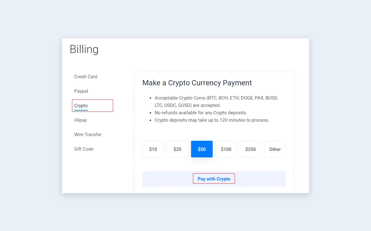 Vultr Make a Payment page with the Pay with Crypto option