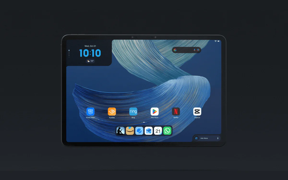 Alexa Tablet home screen with a Google search bar, Play Store, Netflix and Prime Video icons and an Ask Alexa button