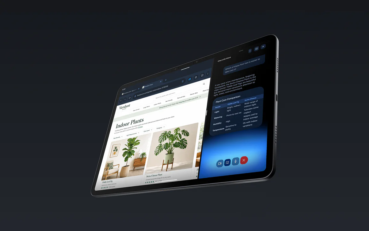 Chat with Alexa panel comparing two houseplants from the web page open beside it on an Alexa Tablet