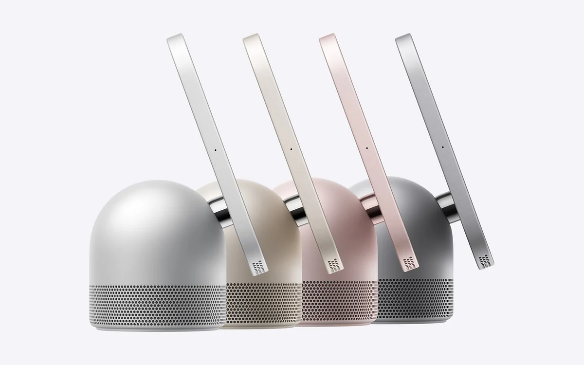 Four Apple HomeView tabletop units in silver, starlight, rose pink and space gray, seen from the back