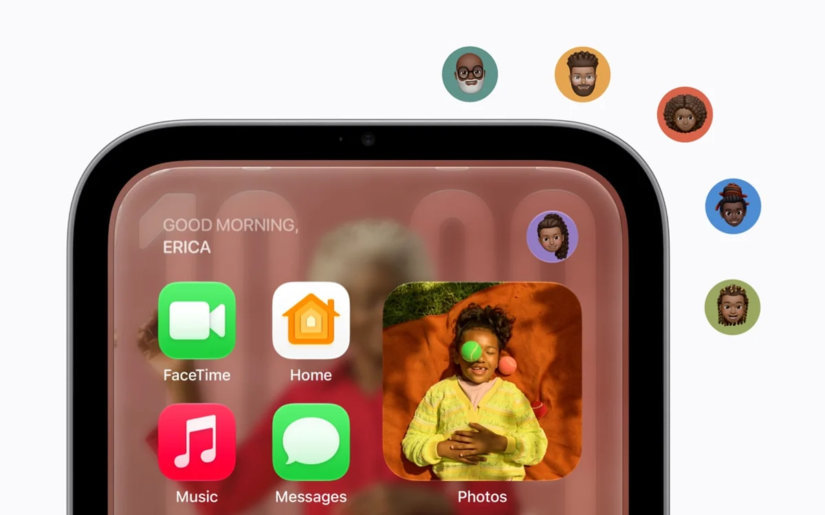 Apple HomeView personal Home Screen greeting Erica, with avatars of other household members beside it