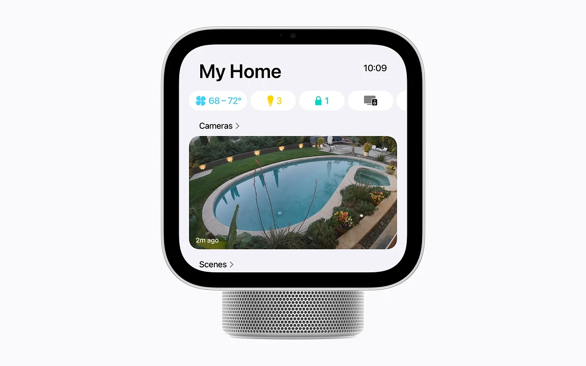 Apple HomeView My Home screen with climate, lights and lock status above a live camera view of a backyard pool