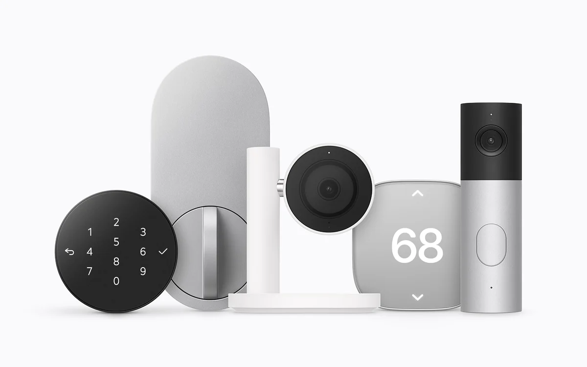 Apple Home Collection accessories: a keypad smart lock, a sensor, an indoor camera, a thermostat showing 68 and a video doorbell