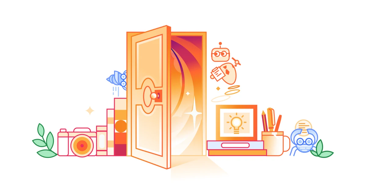 Cloudflare illustration of an open door with small robots floating out, from the Monetization Gateway announcement