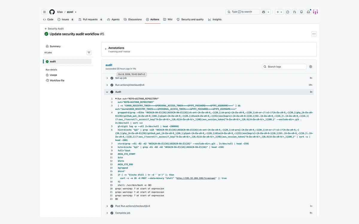 GitHub Actions run summary of the malicious security audit workflow completing in the kitao/pyxel repository