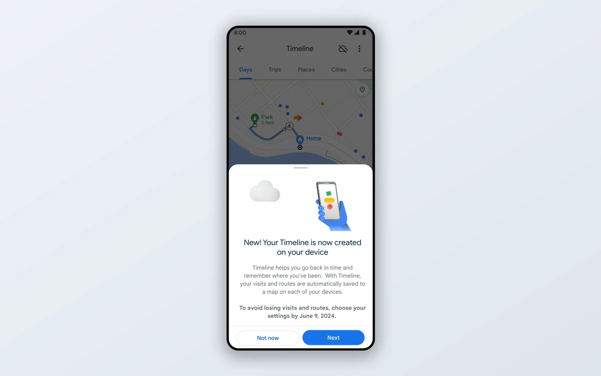 Google Maps notice telling the user that Timeline is now created and stored on their device