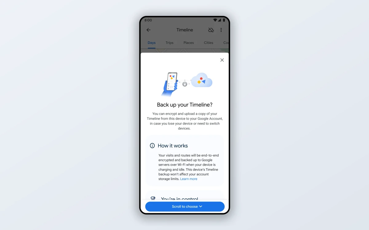 Google Maps prompt offering to back up Timeline data to the cloud with encryption