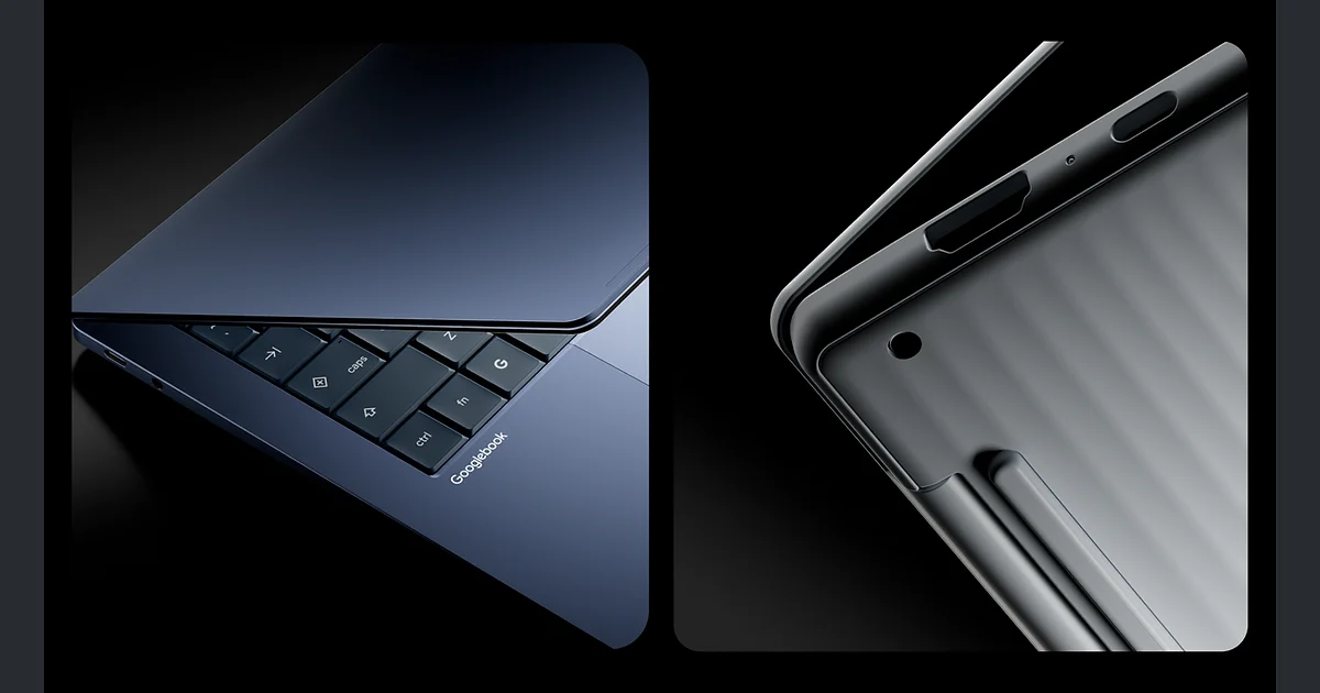 Close-up of two Googlebook laptops: a navy keyboard deck with the Googlebook logo and a grey lid with side ports