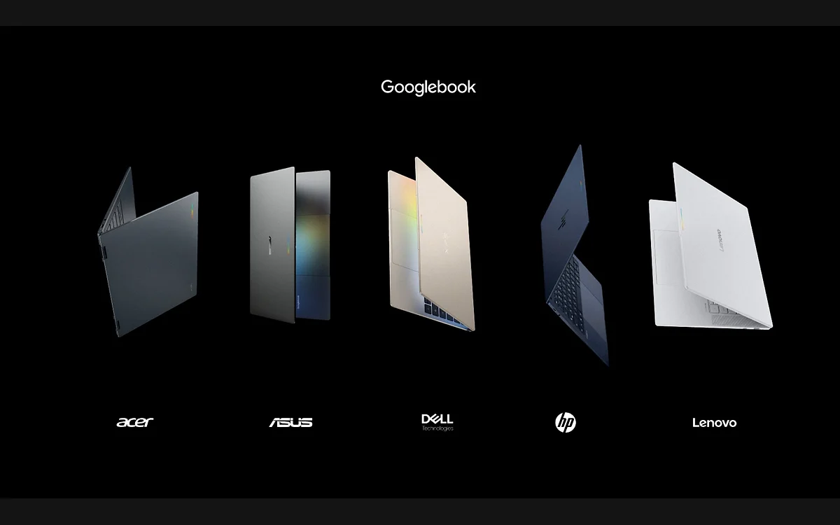 The five launch Googlebook laptops from Acer, ASUS, Dell, HP and Lenovo shown side by side