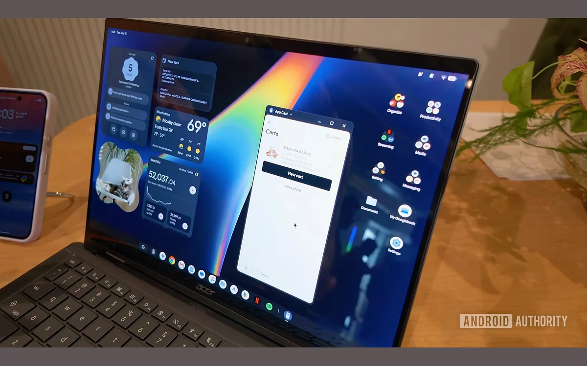A phone app streamed into a desktop window on a Googlebook using Cast My Apps