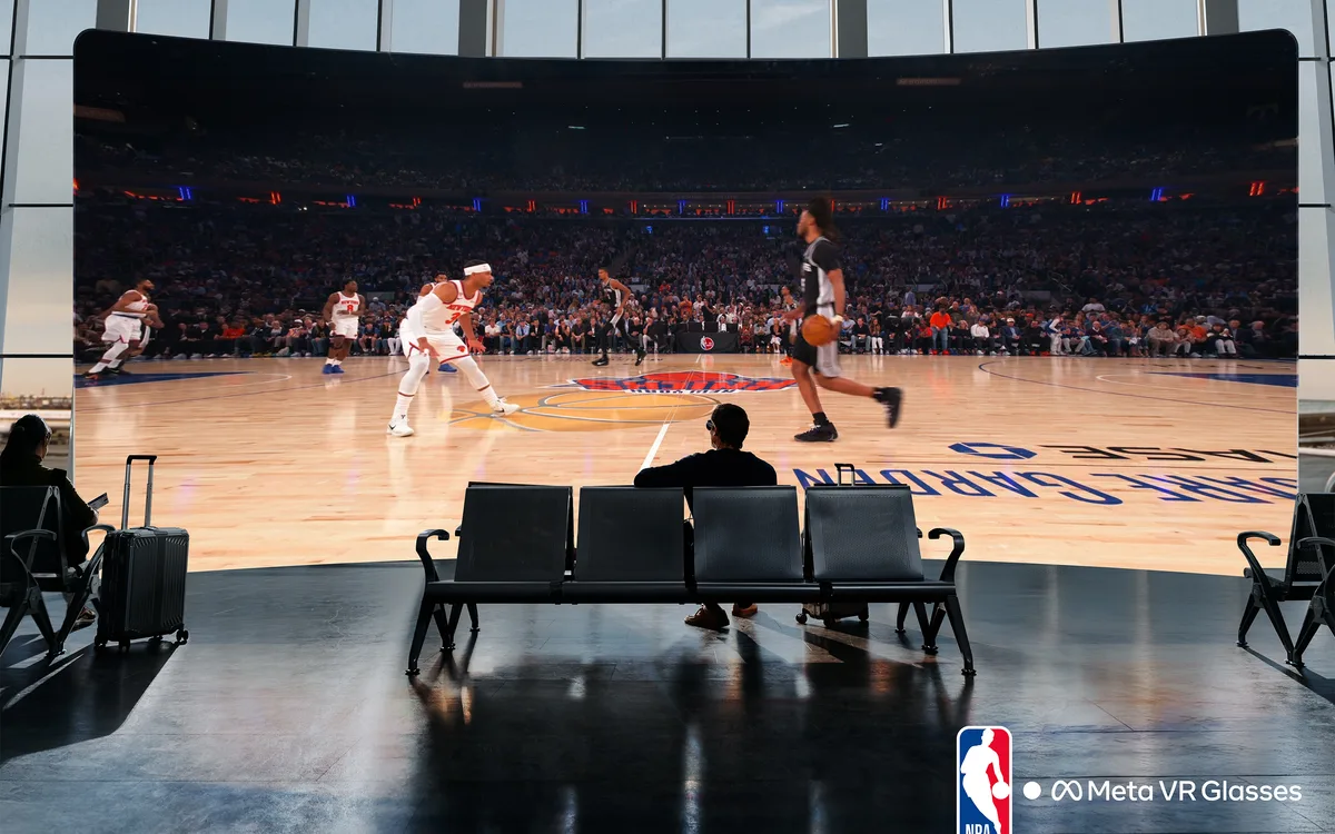An NBA game shown as an immersive live sports broadcast inside Meta VR Glasses