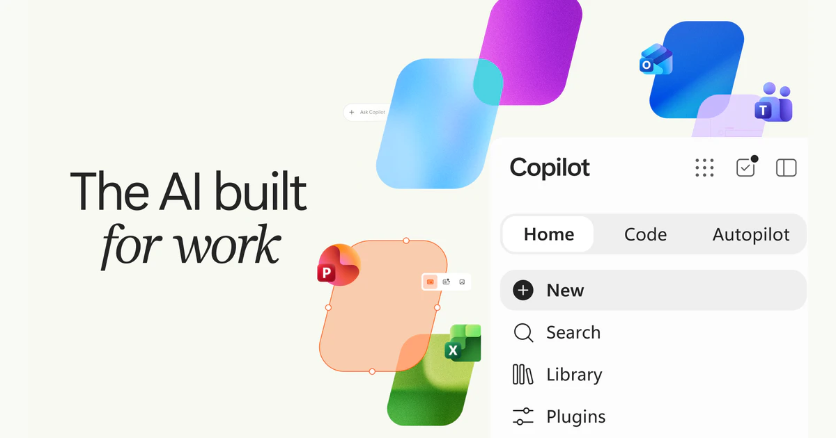 Microsoft Copilot logos with the tagline The AI built for work