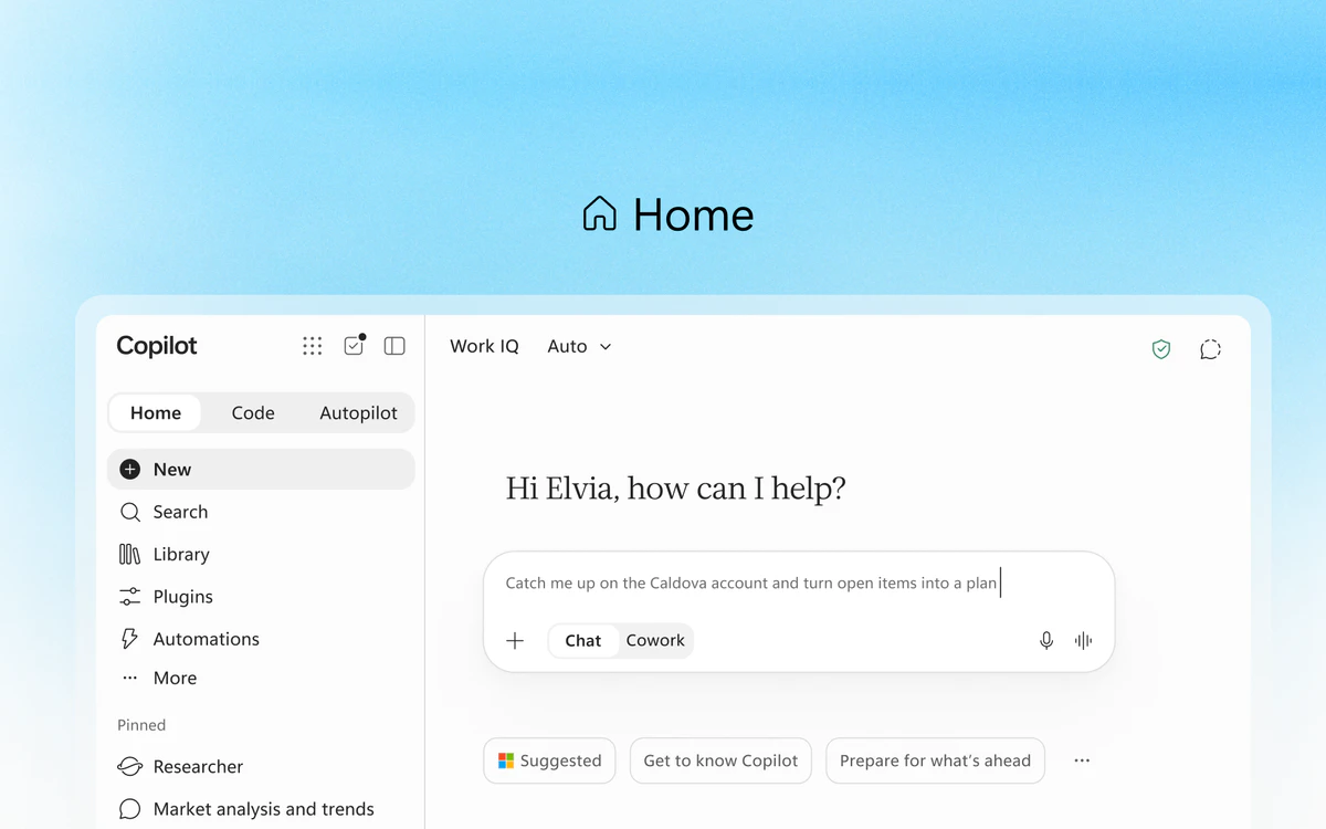 The new Copilot Home screen combining Chat and Cowork