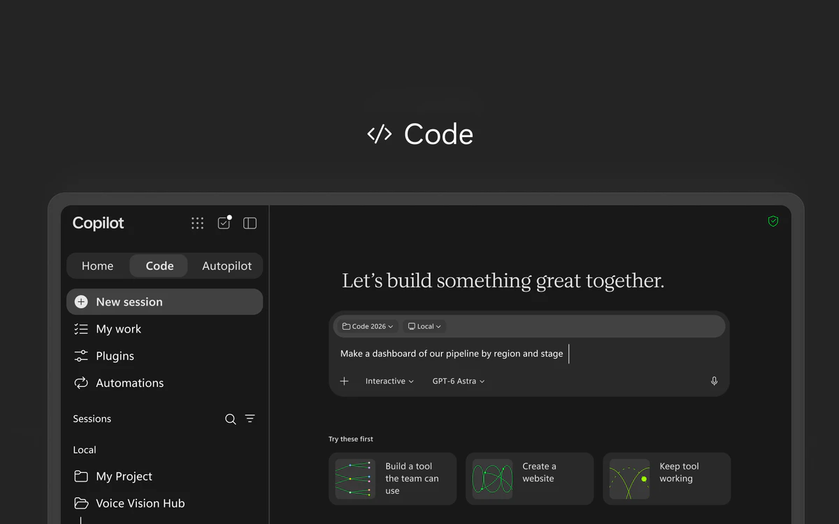 The Code workspace in the new Copilot app with a dark interface