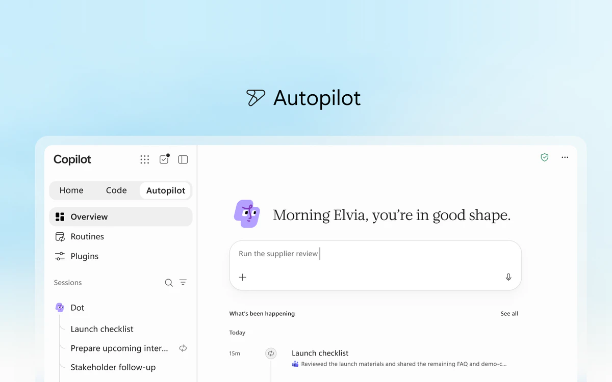 Copilot screen showing the Autopilot agent feature