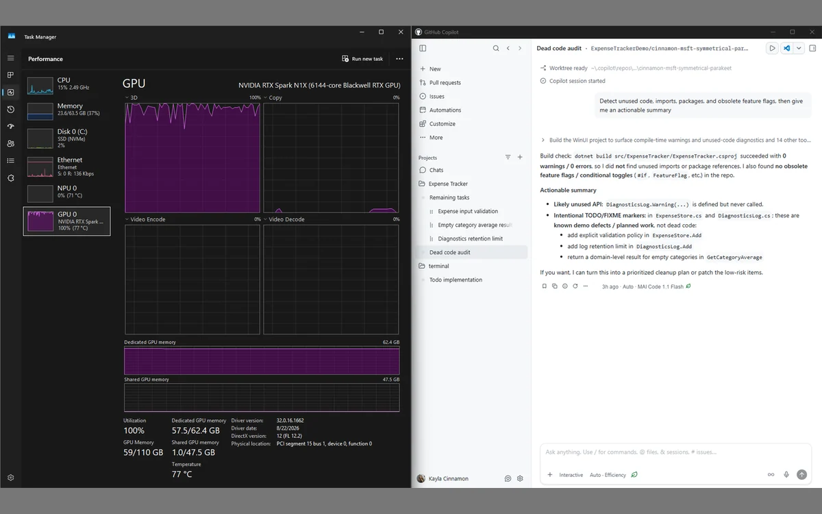 GitHub Copilot app running MAI Code 1.1 Flash locally, with RTX Spark GPU usage shown in a side panel