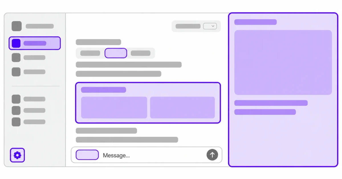 Wireframe of the ChatGPT interface with plugin surfaces highlighted in purple in the sidebar, the conversation and a side panel