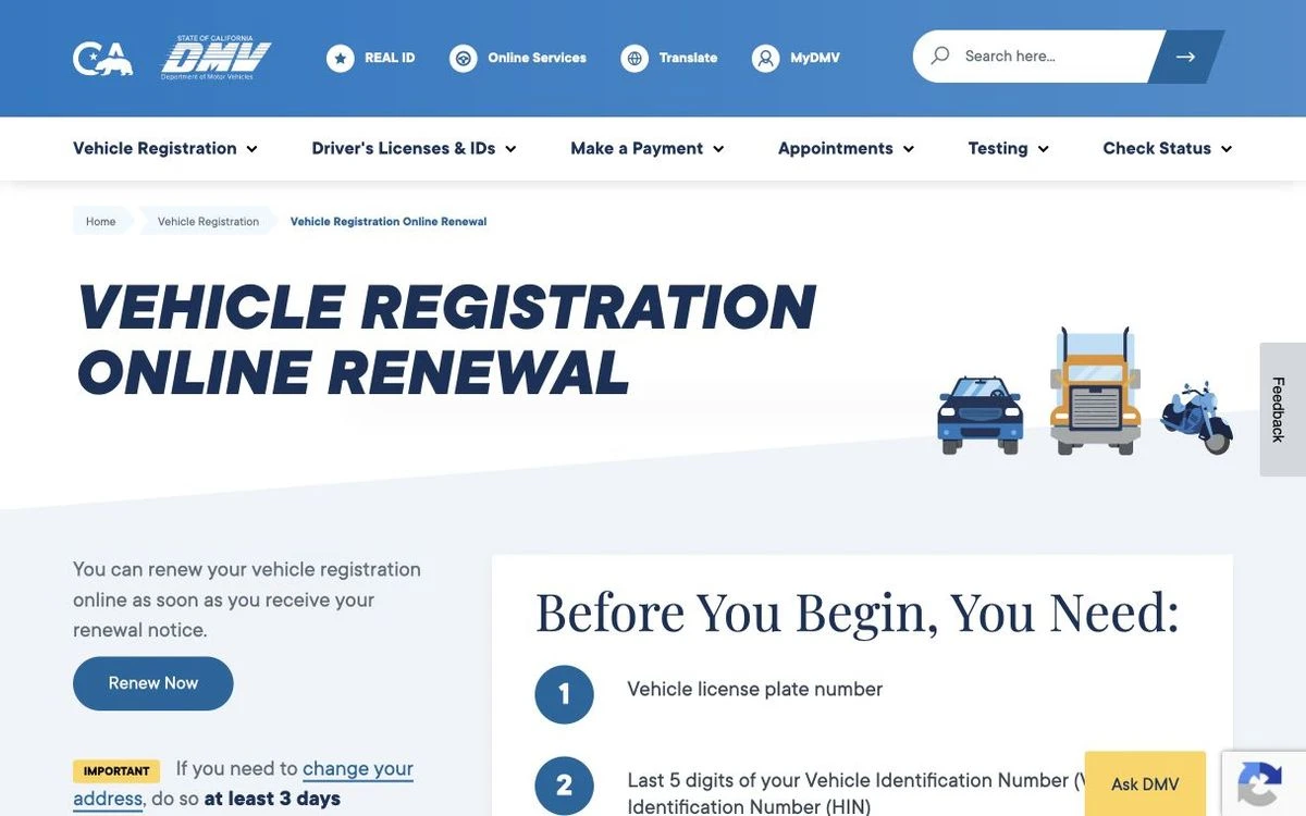 California DMV Vehicle Registration Online Renewal page with a Renew Now button and a Before You Begin checklist