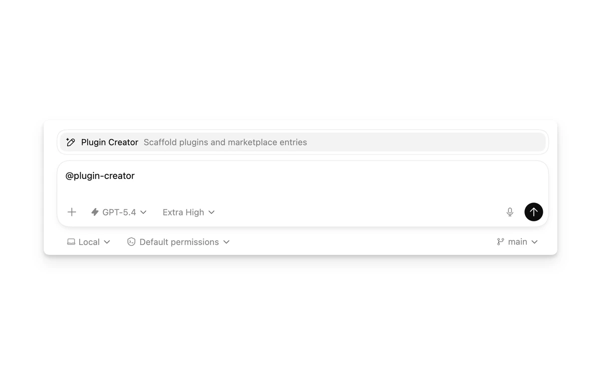 Codex composer with the Plugin Creator skill selected and @plugin-creator typed in the message box
