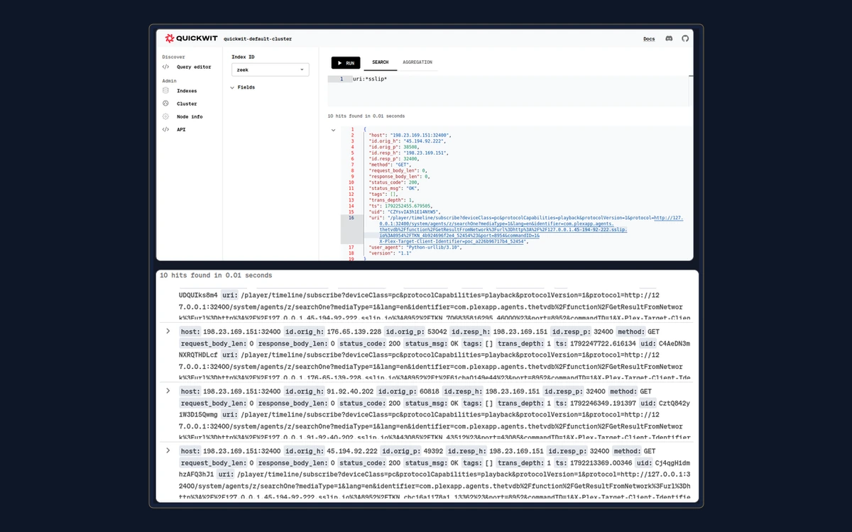 Quickwit search for sslip in the honeypot's Zeek HTTP logs returning 10 /player/timeline/subscribe requests from three IP addresses with the Python-urllib/3.10 user agent