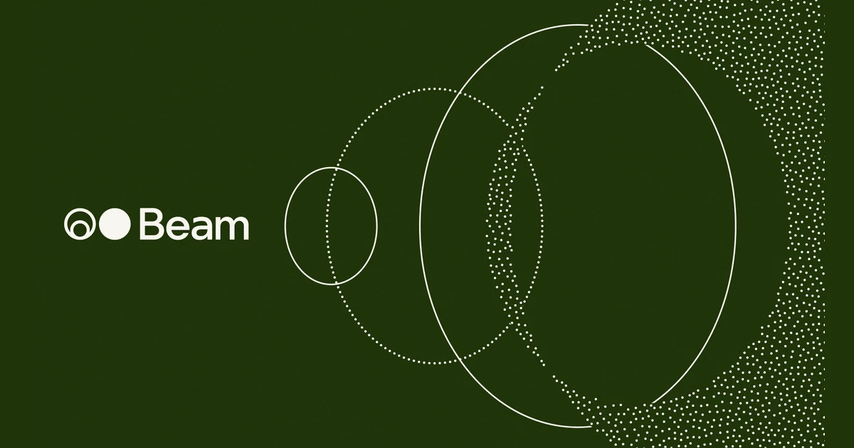Reflection Beam wordmark and logo in white on a dark green background with concentric outlined ellipses