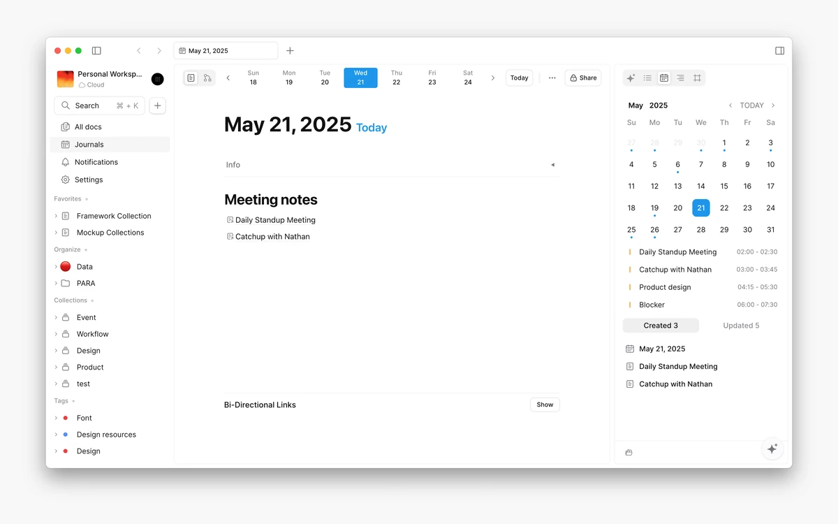 AFFiNE macOS app in Journals view with a calendar side panel listing events and the sidebar with collections and tags
