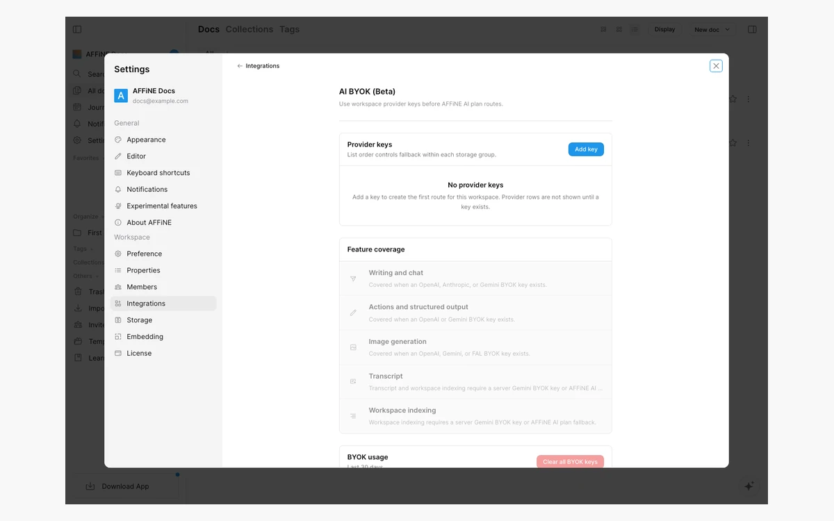 AFFiNE Settings, Integrations, AI BYOK (Beta) screen listing provider keys and the features they cover