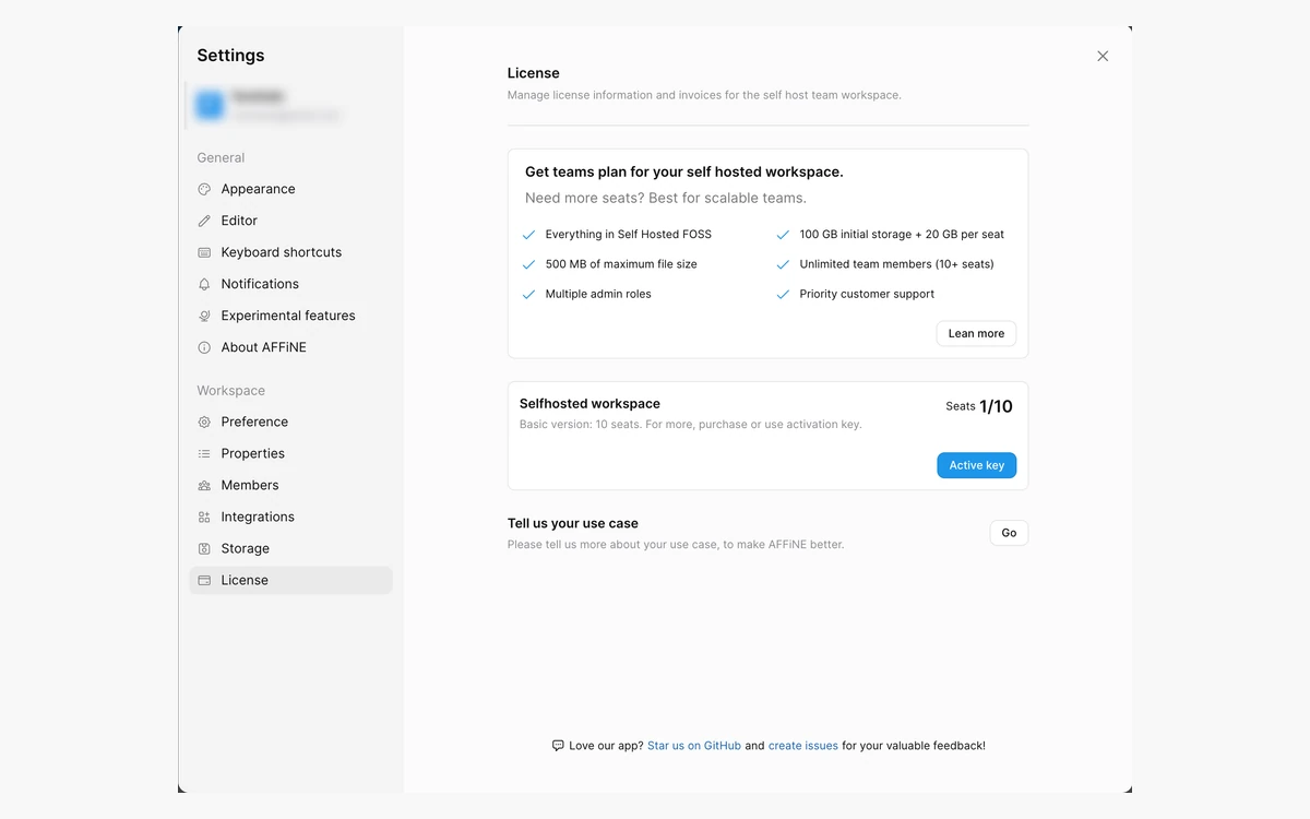 Self-hosted AFFiNE admin License screen showing Seats 1/10 and the Team plan upsell with 100 GB plus 20 GB per seat