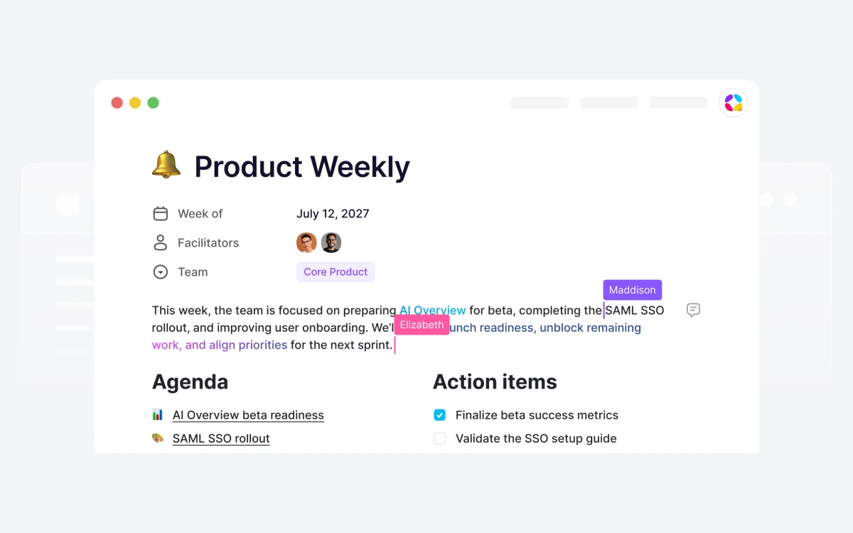 AppFlowy document titled Product Weekly with page properties, collaborator cursors, comments and an agenda list