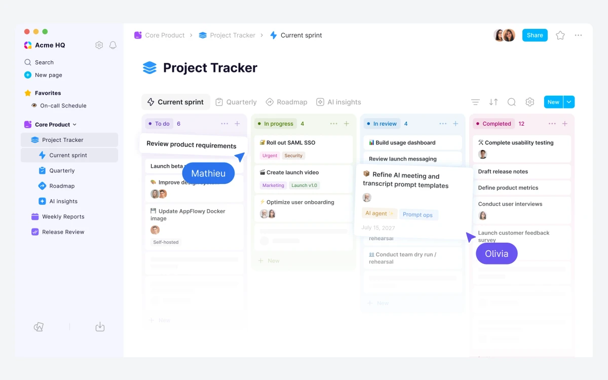 AppFlowy Project Tracker board with To do, In progress, In review and Completed columns and view tabs above
