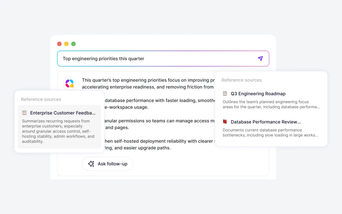 AppFlowy AI Search panel answering a question with cited pages from the workspace