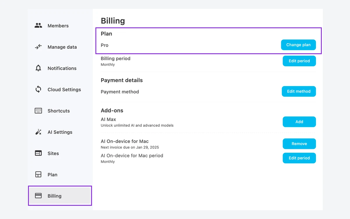 AppFlowy Settings Billing page showing a Pro plan on monthly billing, payment method and an AI Max add-on button