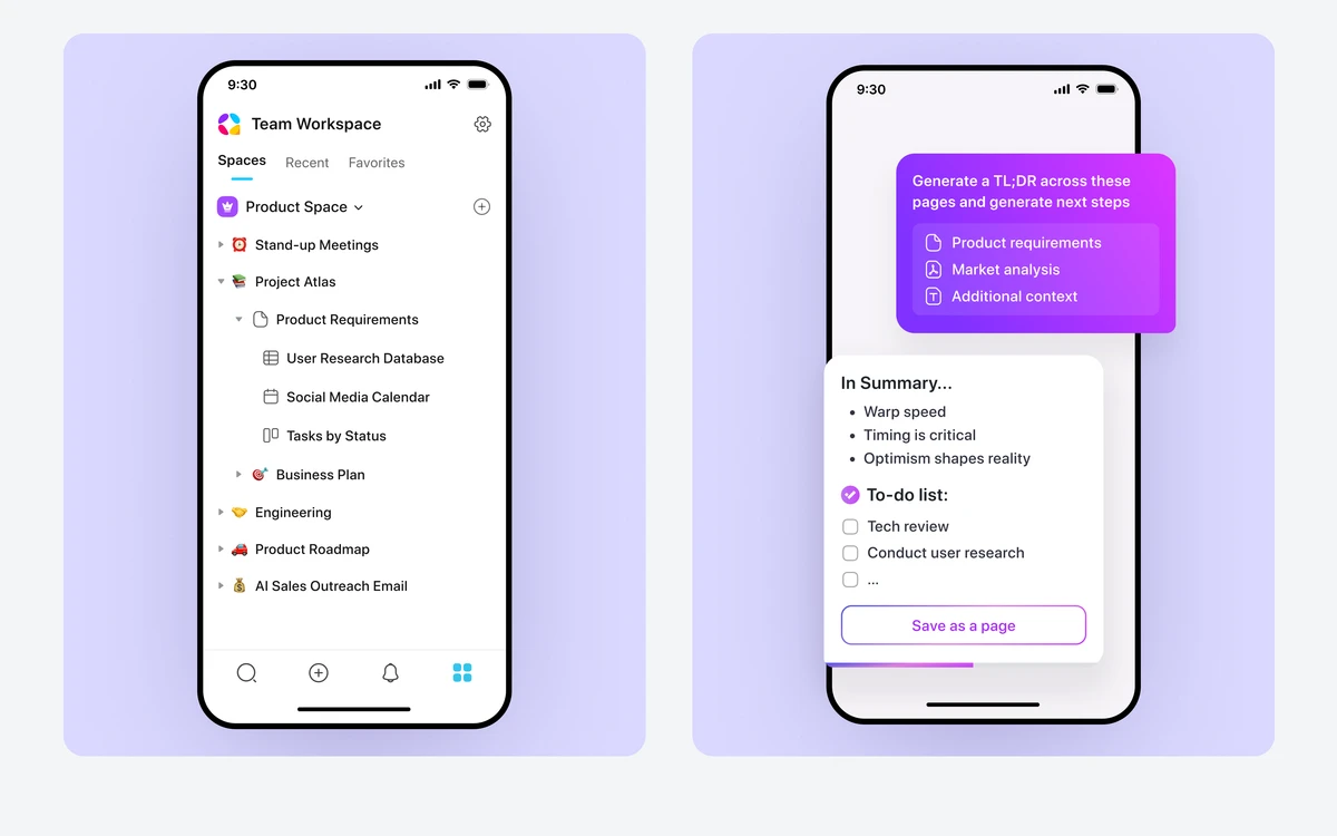 Two AppFlowy iPhone screens showing a team workspace page tree and an AI-generated summary with next steps