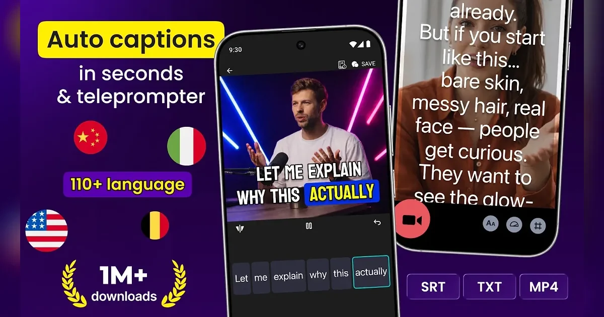 AutoCap app promo showing auto captions and a teleprompter on a phone screen