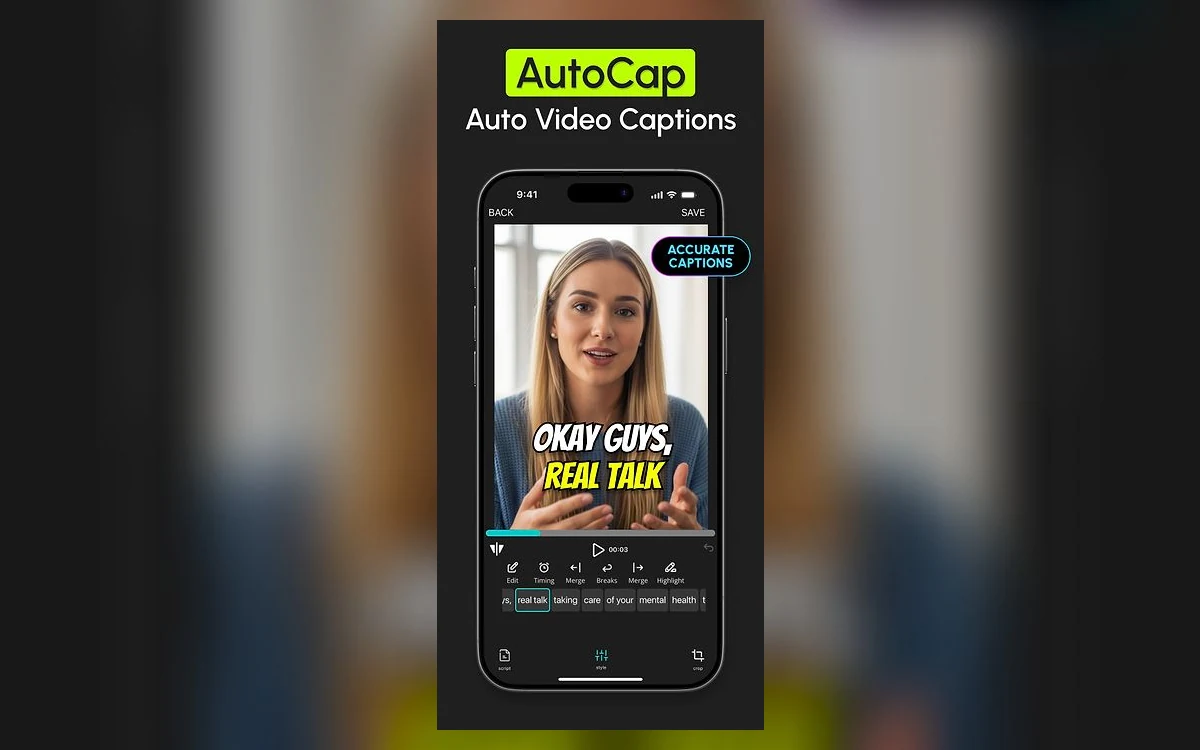 AutoCap caption editor on iPhone showing bold captions over a video and a word timeline underneath