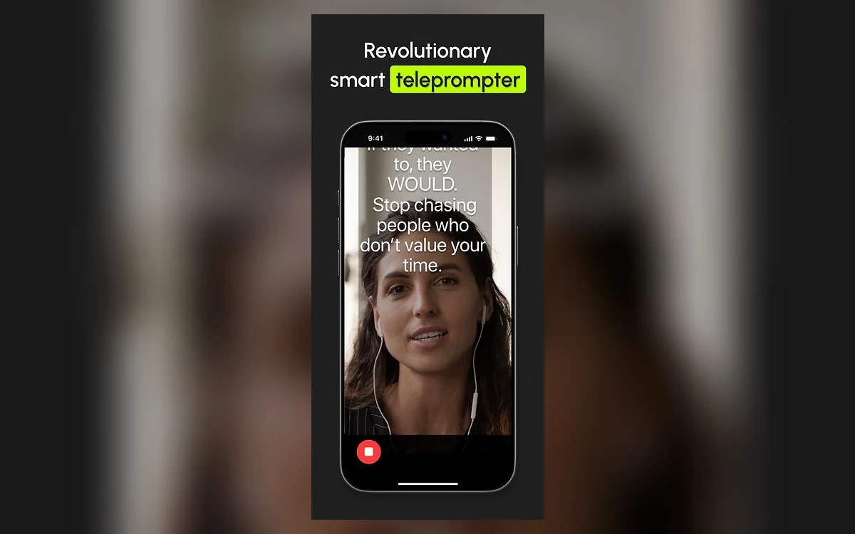 AutoCap teleprompter showing script text over the front camera view