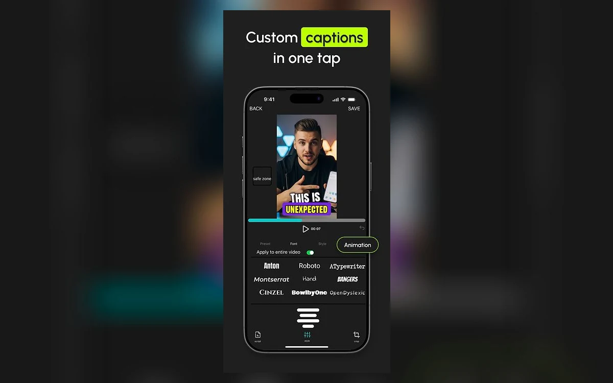 AutoCap caption style screen with a font list including Anton, Montserrat and Bangers and a safe-zone guide