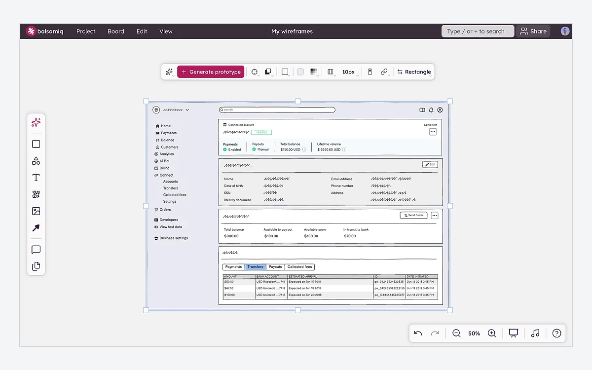 Balsamiq Cloud editor with the top toolbar, a sketch-style wireframe on the canvas and the selection toolbar