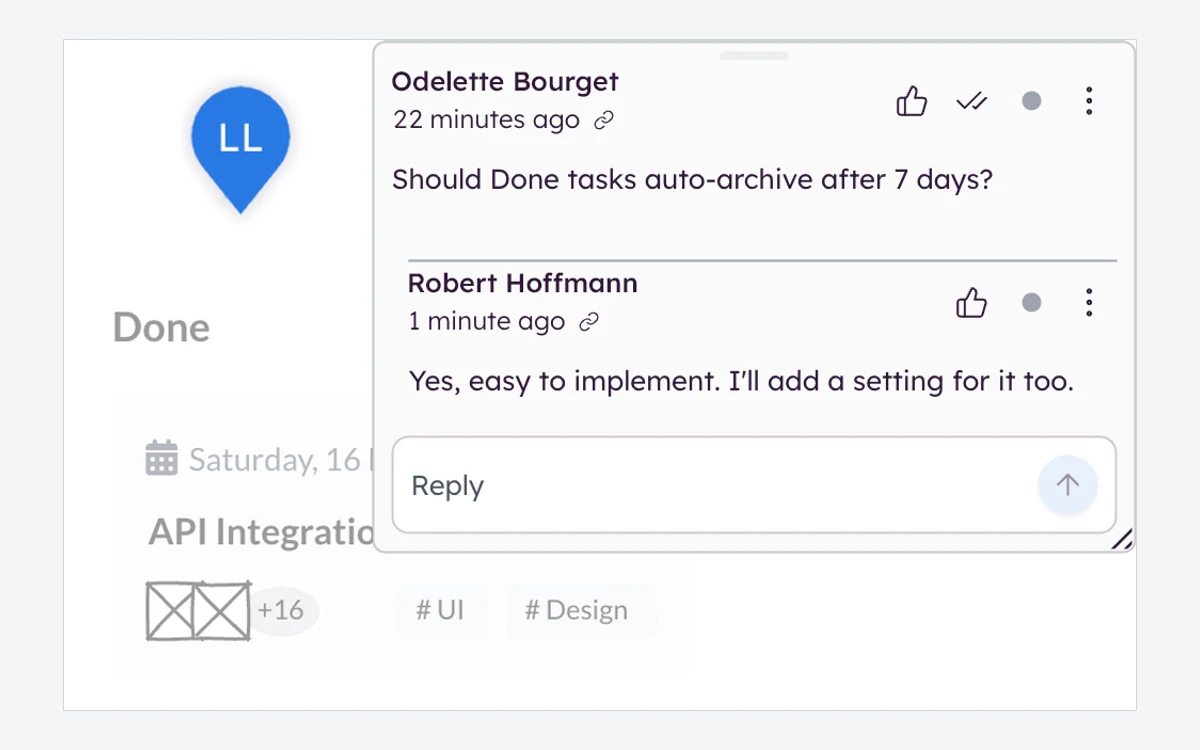 Comment threads pinned to elements of a Balsamiq wireframe with replies from teammates