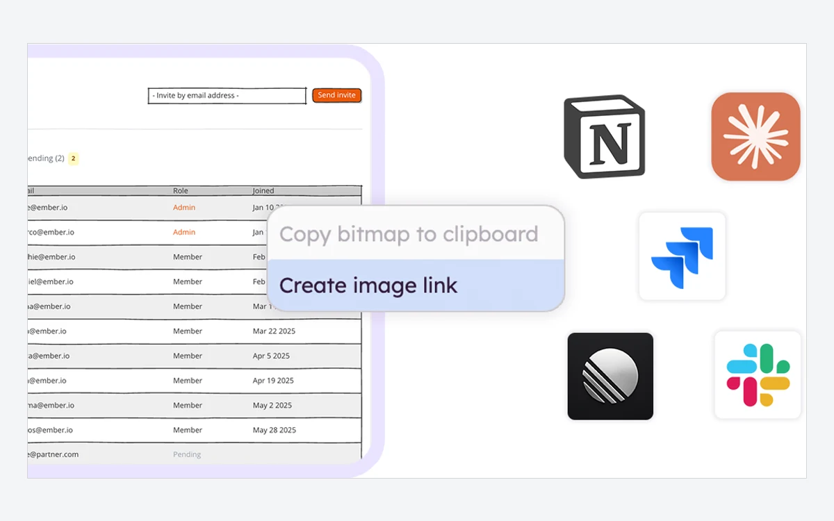 Balsamiq context menu with Copy bitmap to clipboard and Create image link over a wireframe, beside Notion, Claude, Jira, Linear and Slack logos
