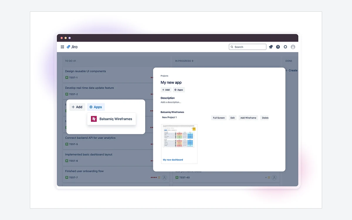 Balsamiq wireframe embedded inside a Jira issue next to the issue description
